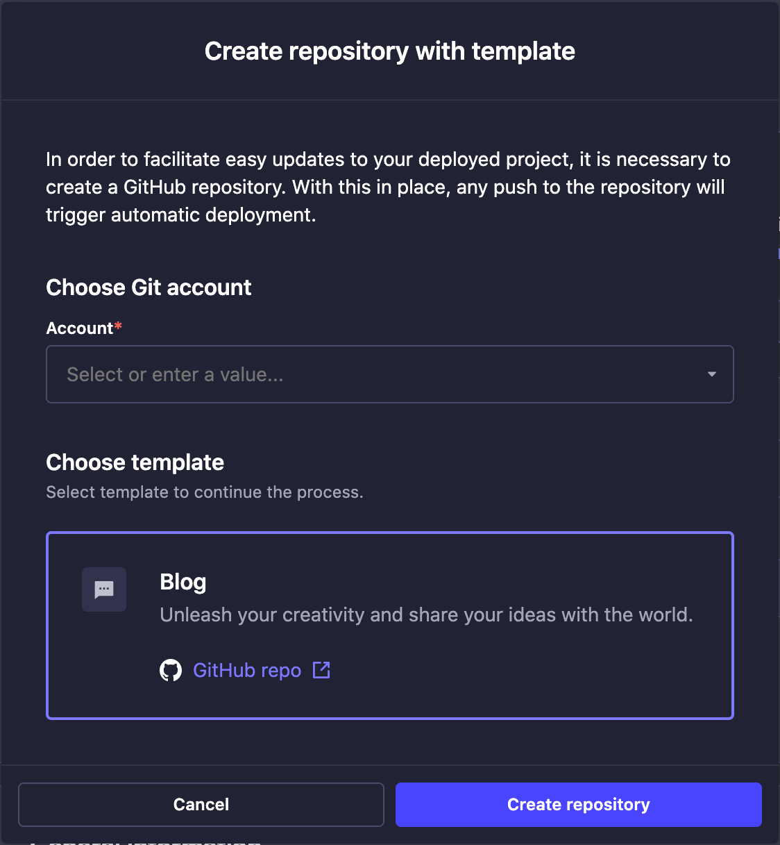 Create repo with template modal